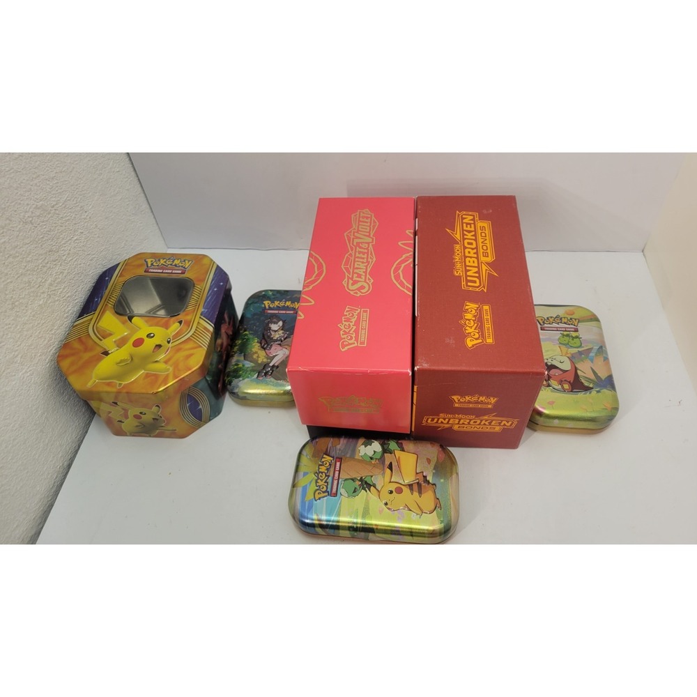 Pokemon TCG Empty ETB Boxes & Tins Lot Scarlet Violet Unbroken Bonds Pikachu...